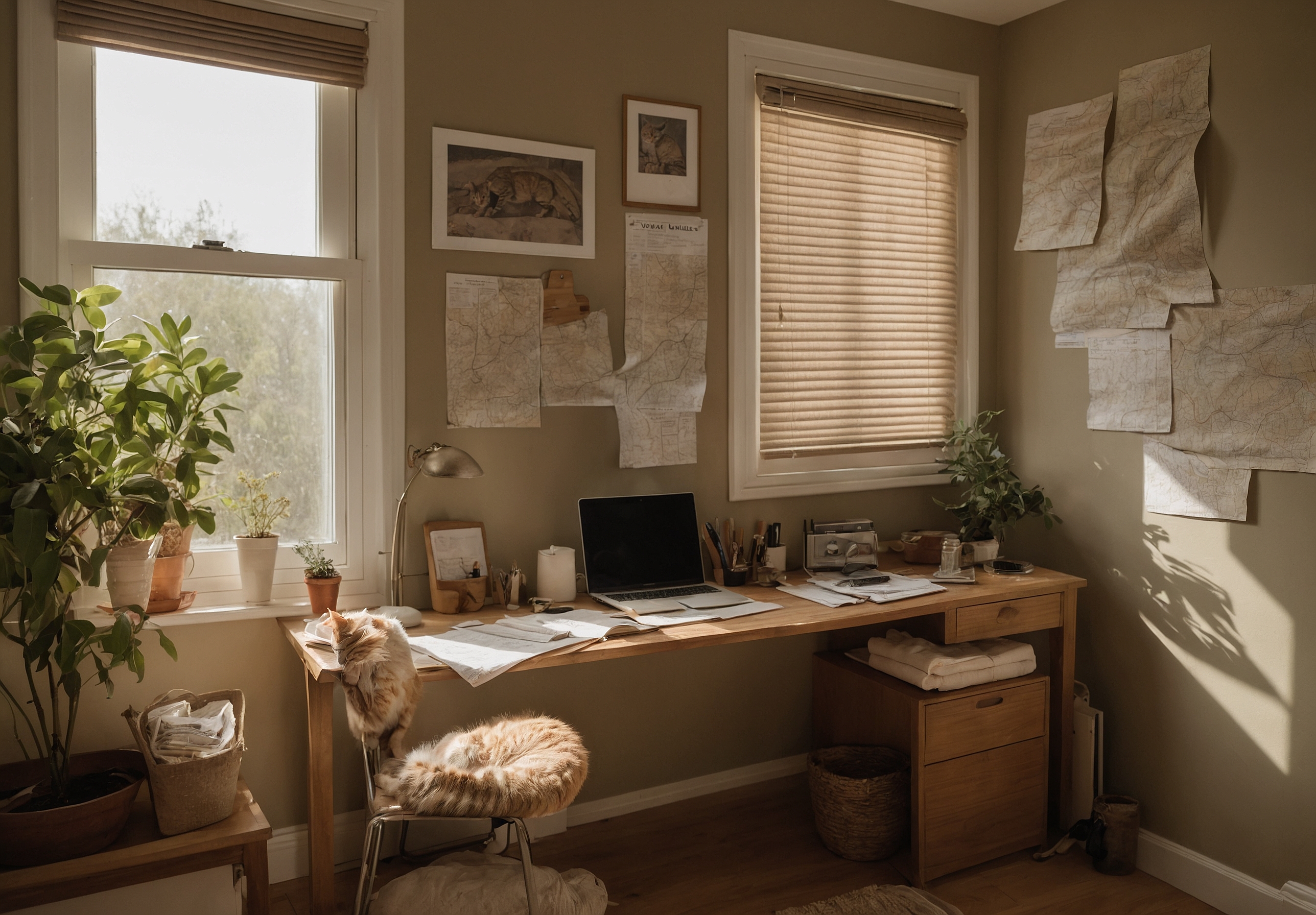 A tidy home office with route maps on the desk and a cat asleep on the windowsill