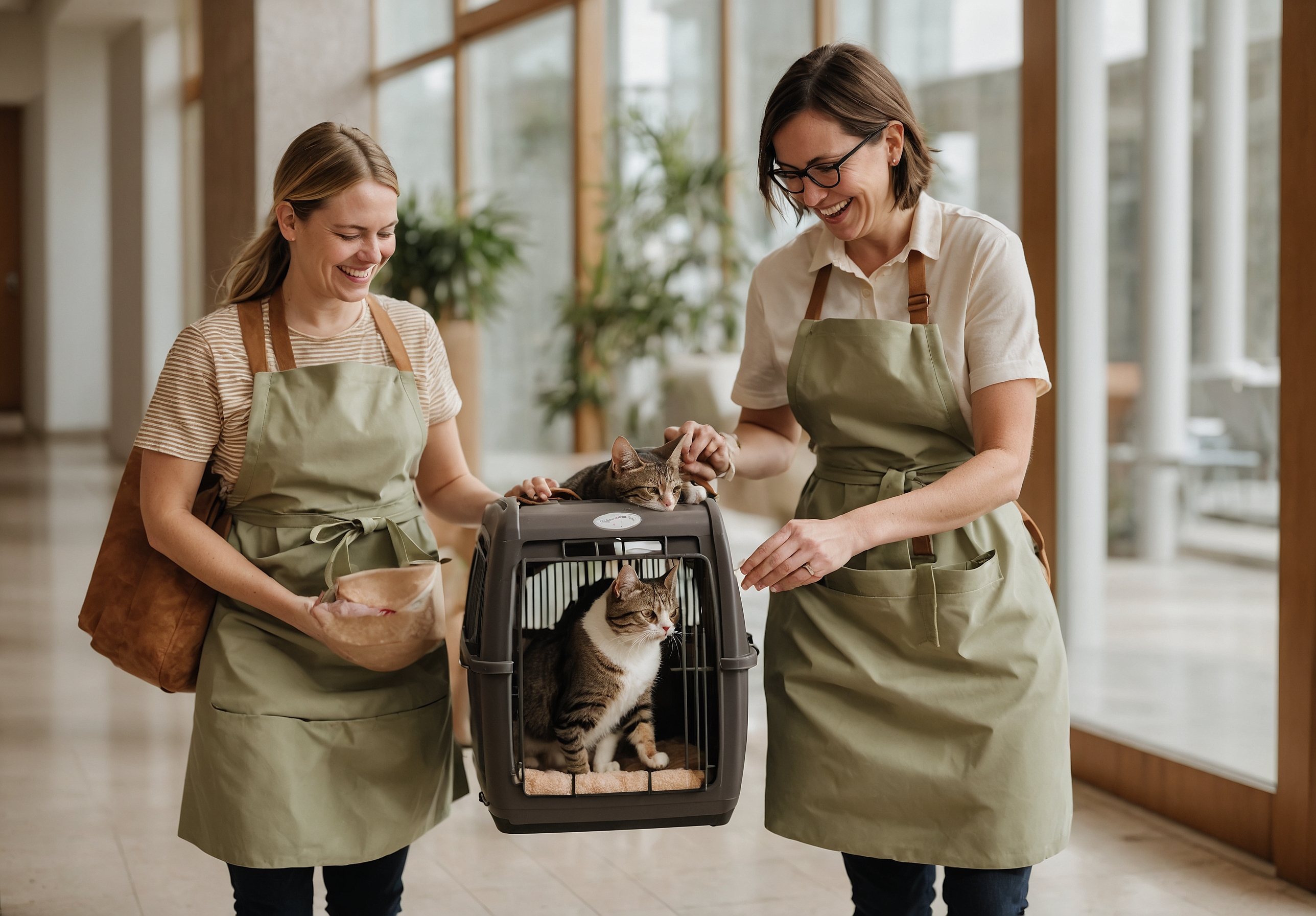 Two sitters in aprons laughing as they pass a cat carrier between them in a bright lobby