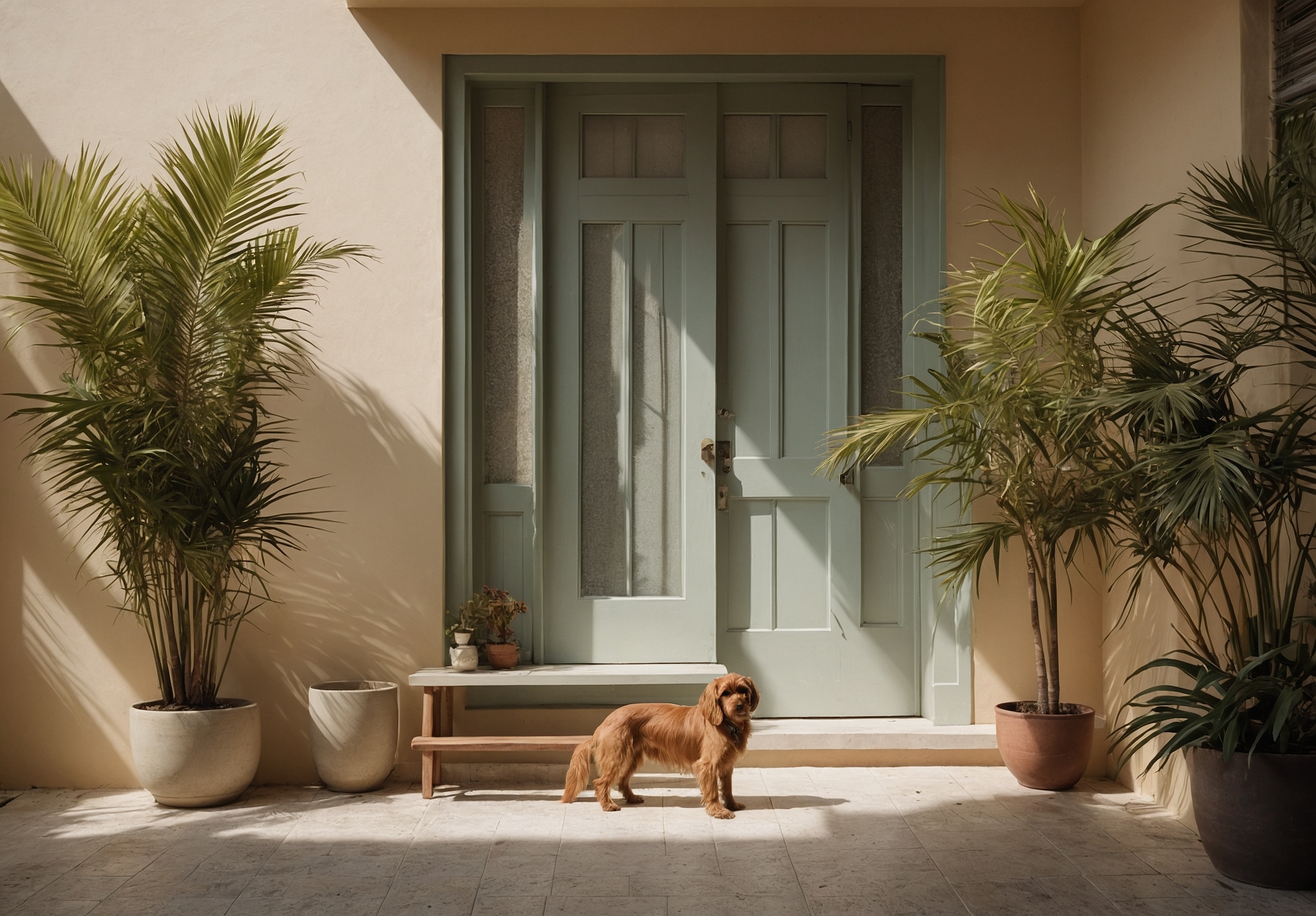 The entrance of a low-rise building with a glass door, a potted palm and a dog's water bowl by the step