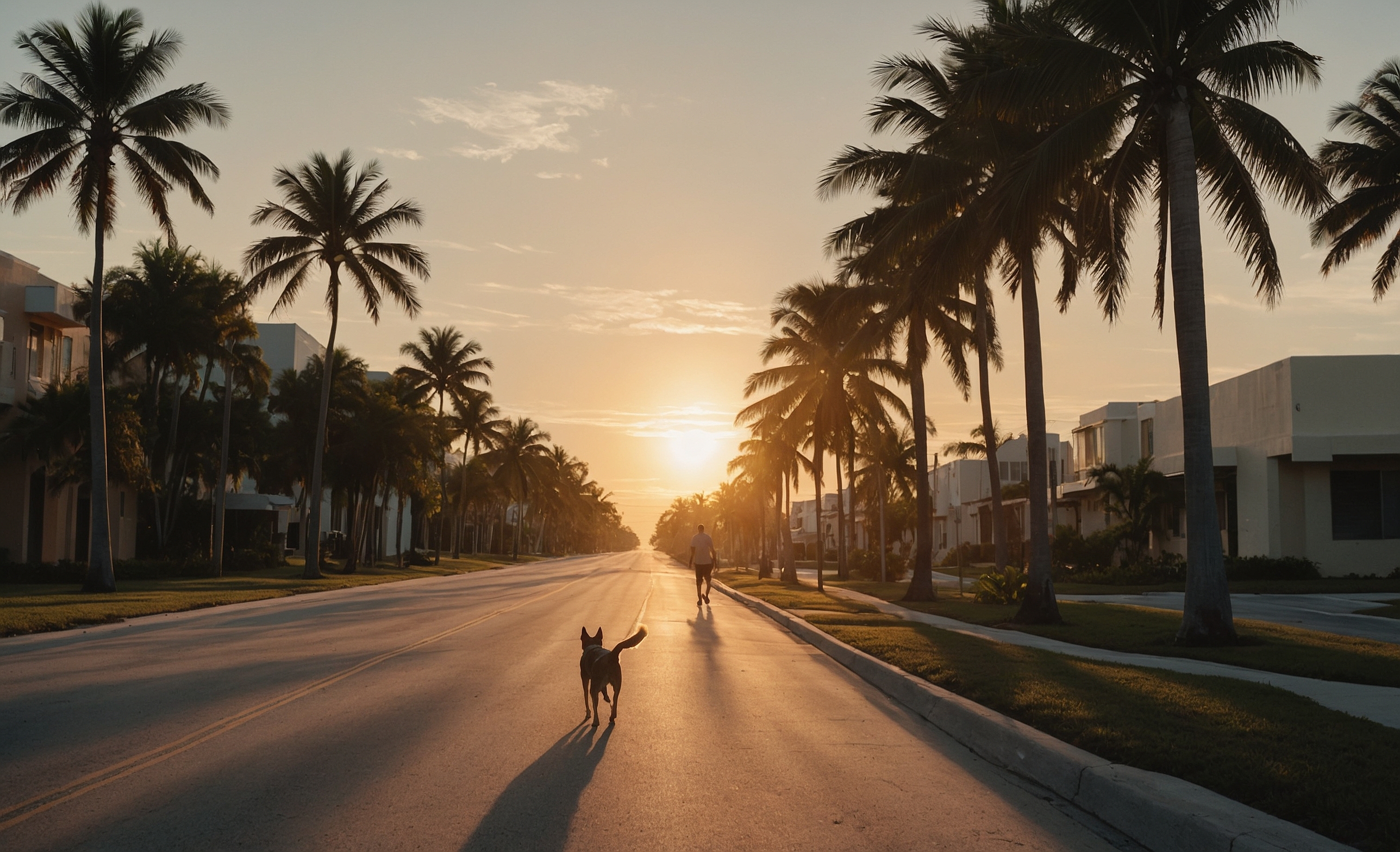 A dog walker and one dog seen from behind on a palm-lined street at sunrise
