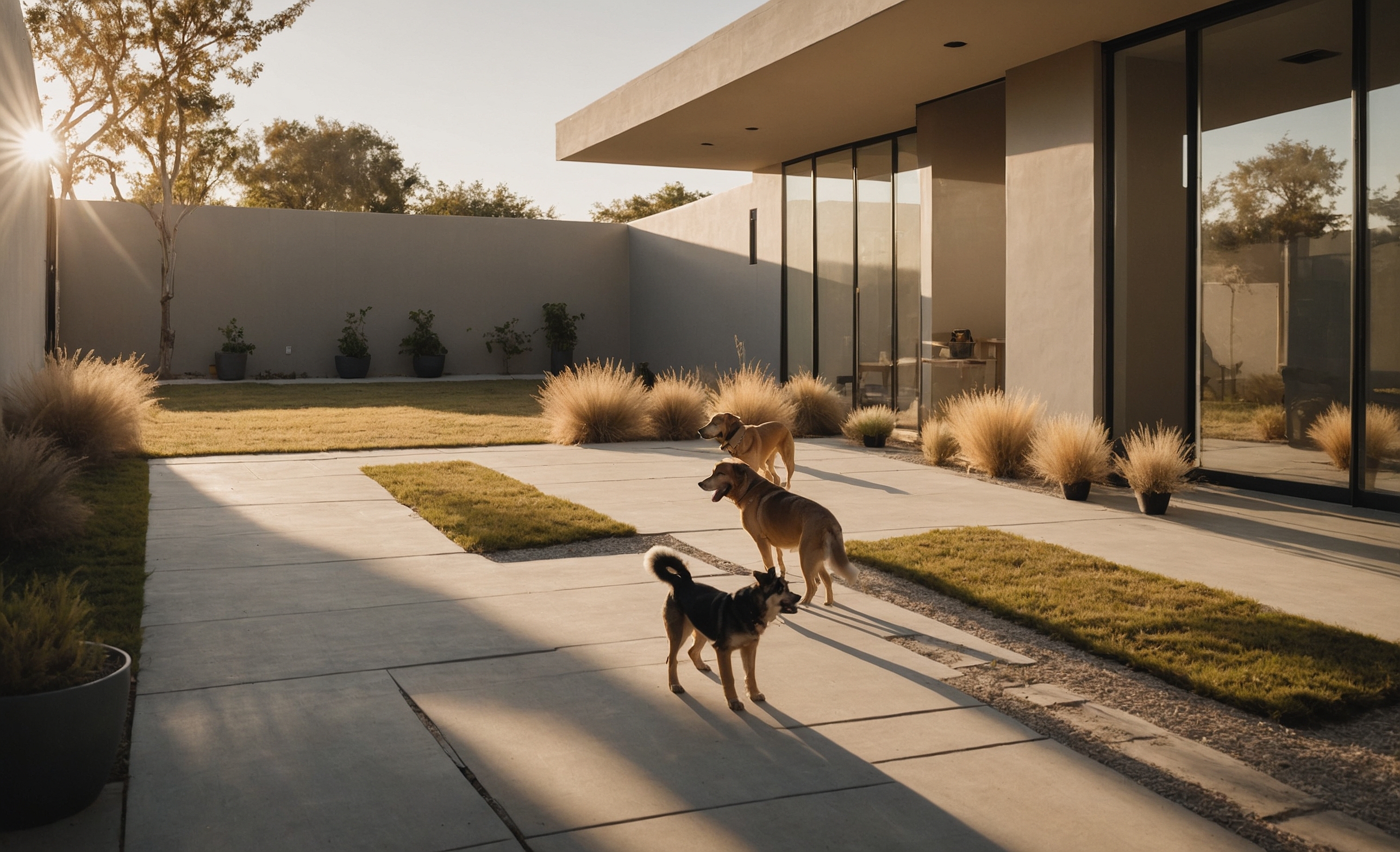 Two dogs on a sunlit outdoor patio beside glass doors