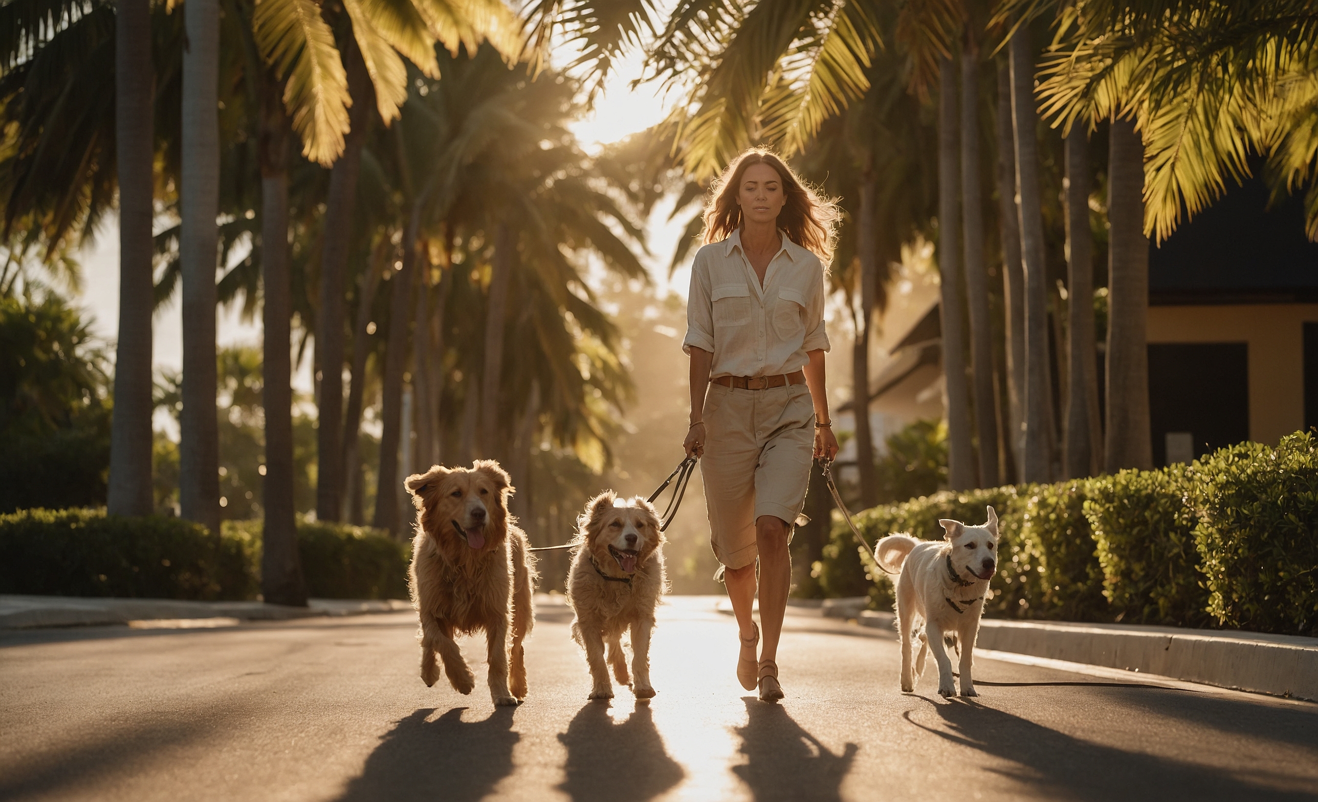 A woman walking two dogs on a leash along a shaded Coconut Grove sidewalk, pale sky open on the left