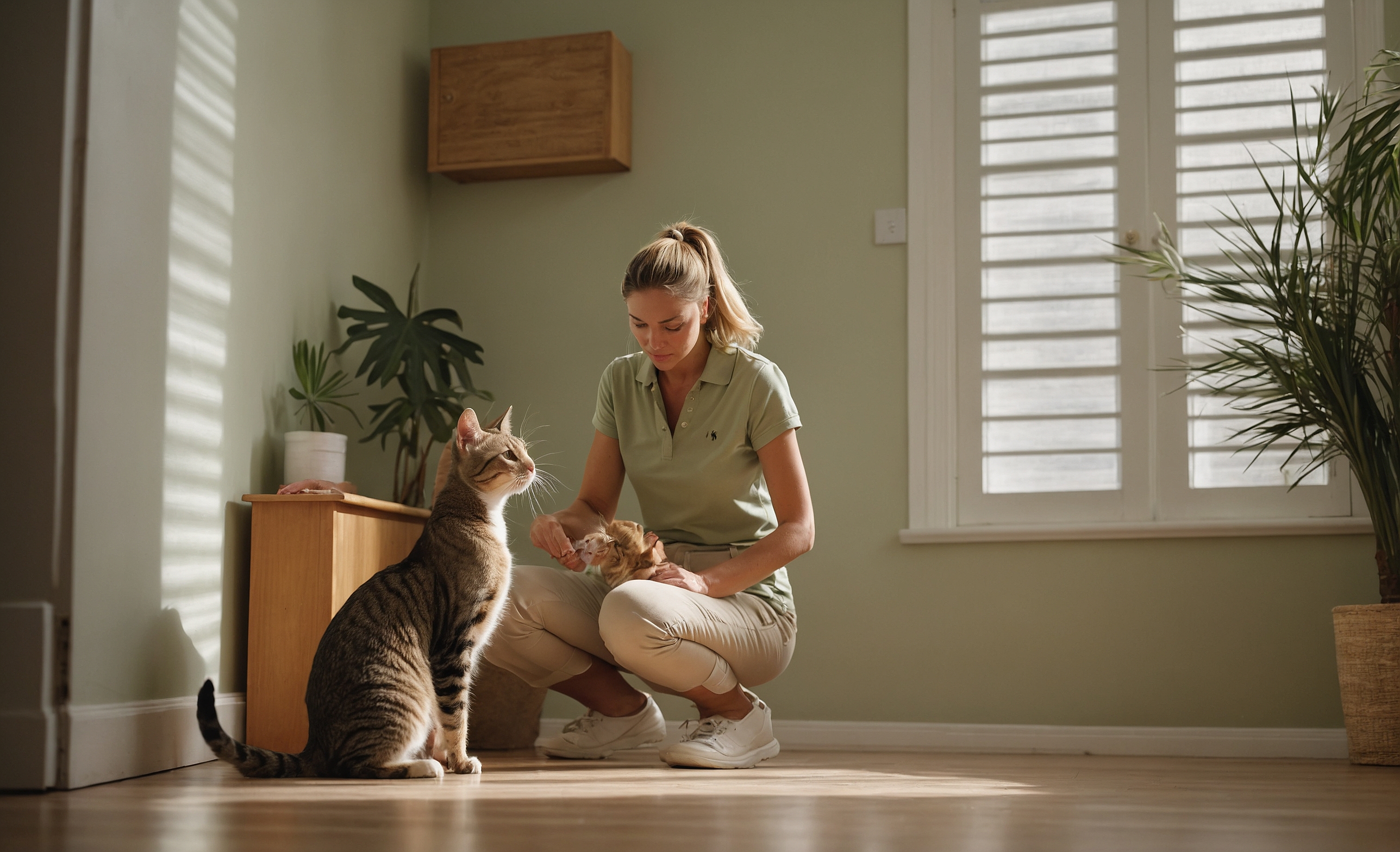 A pet sitter kneeling to feed a tabby cat in a sage-green room