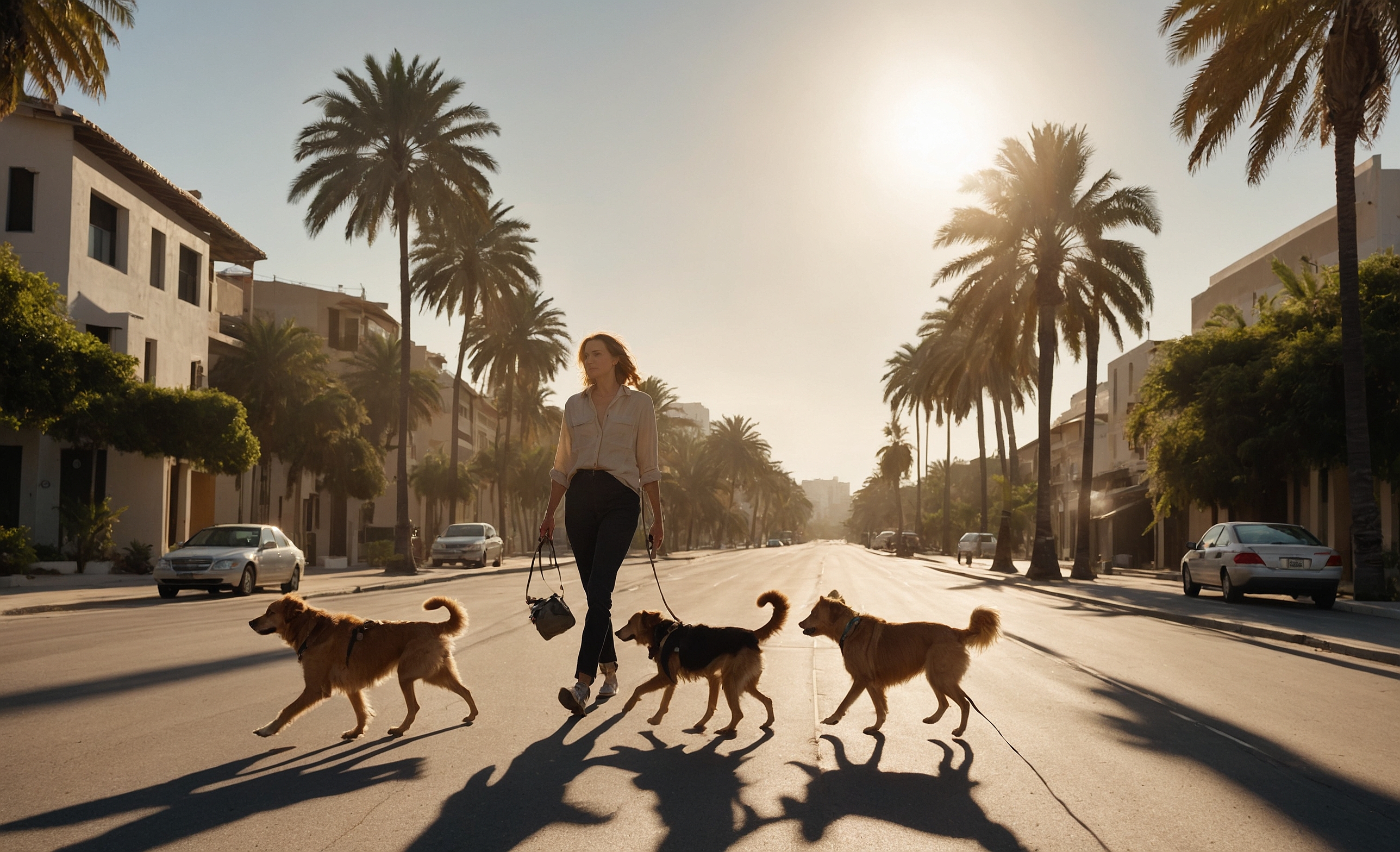 A woman walking several leashed dogs down a sunny palm-lined street