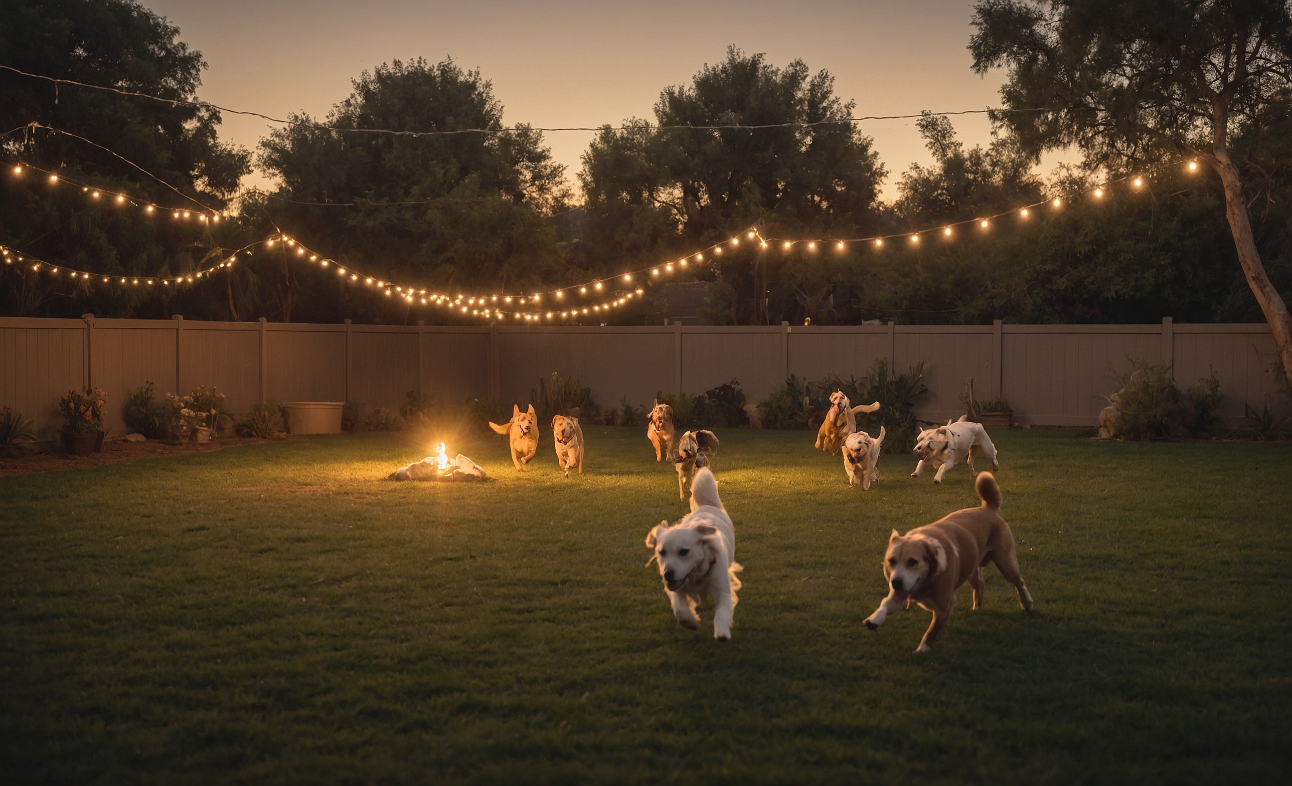 Several dogs running across warm grass in a shaded play yard at dusk