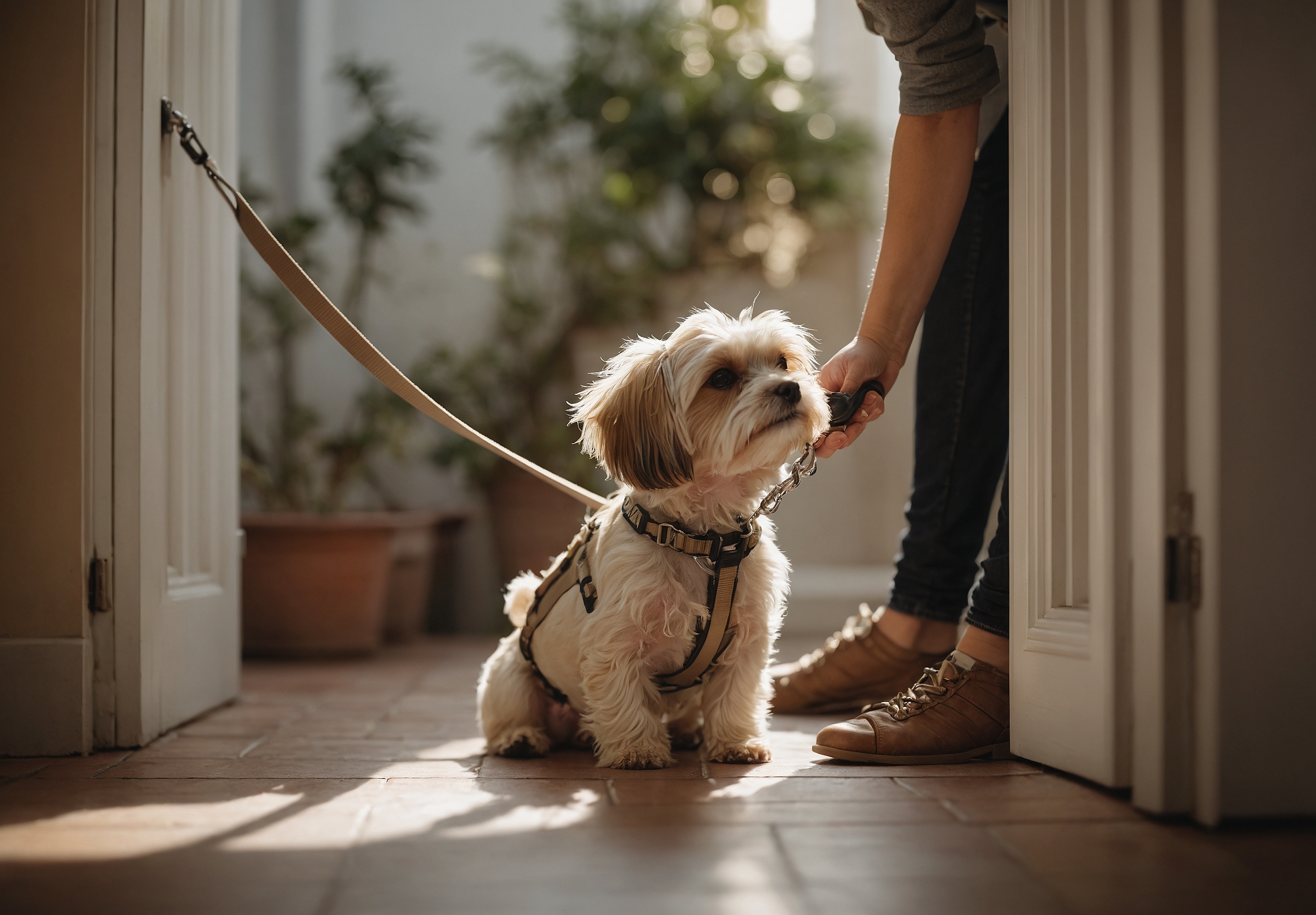 Close-up of a pet sitter's hand at a doorway, clipping a leash onto a small dog's harness