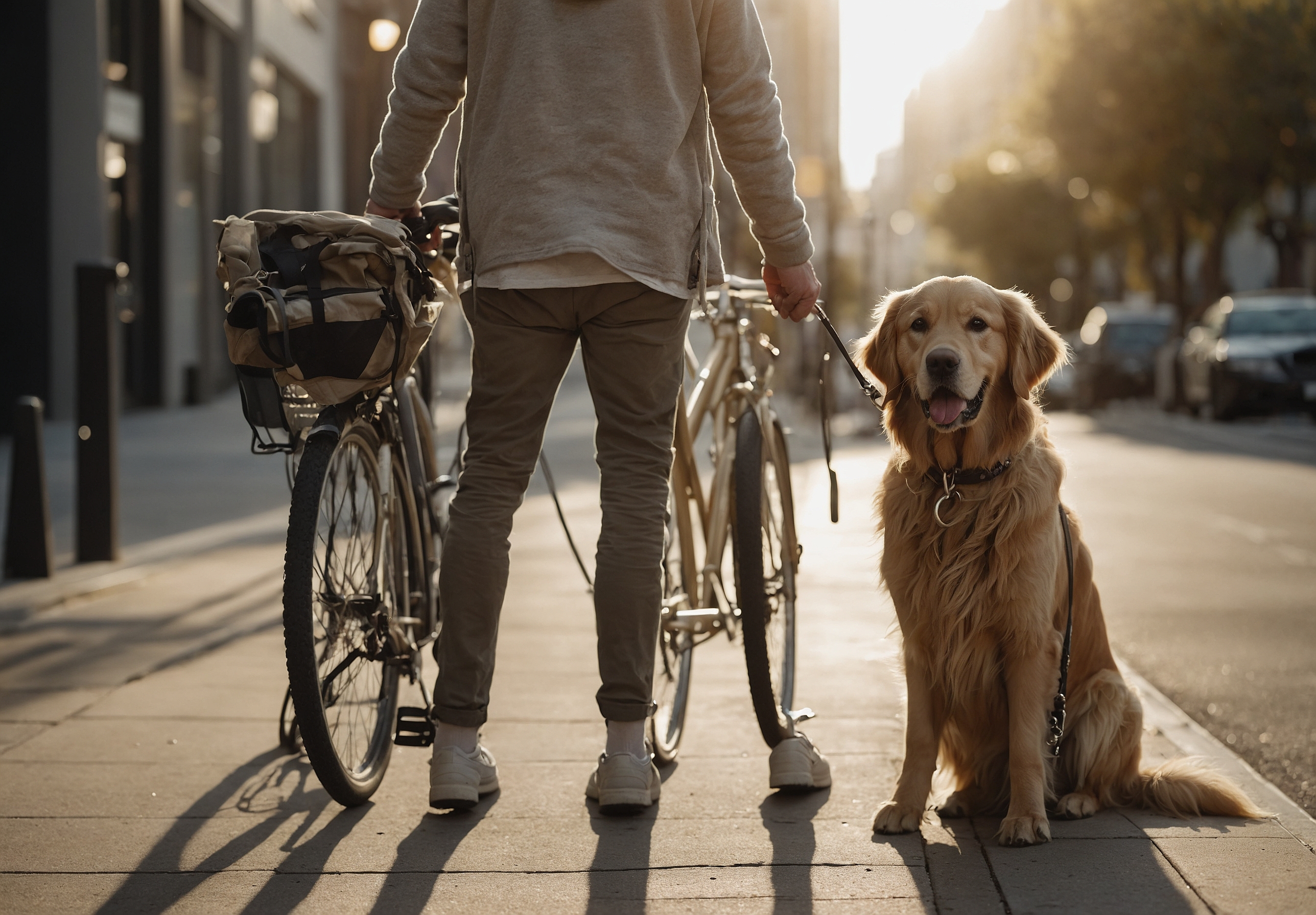 Close-up of a walker's hands holding a leash while a golden retriever sits on a city sidewalk
