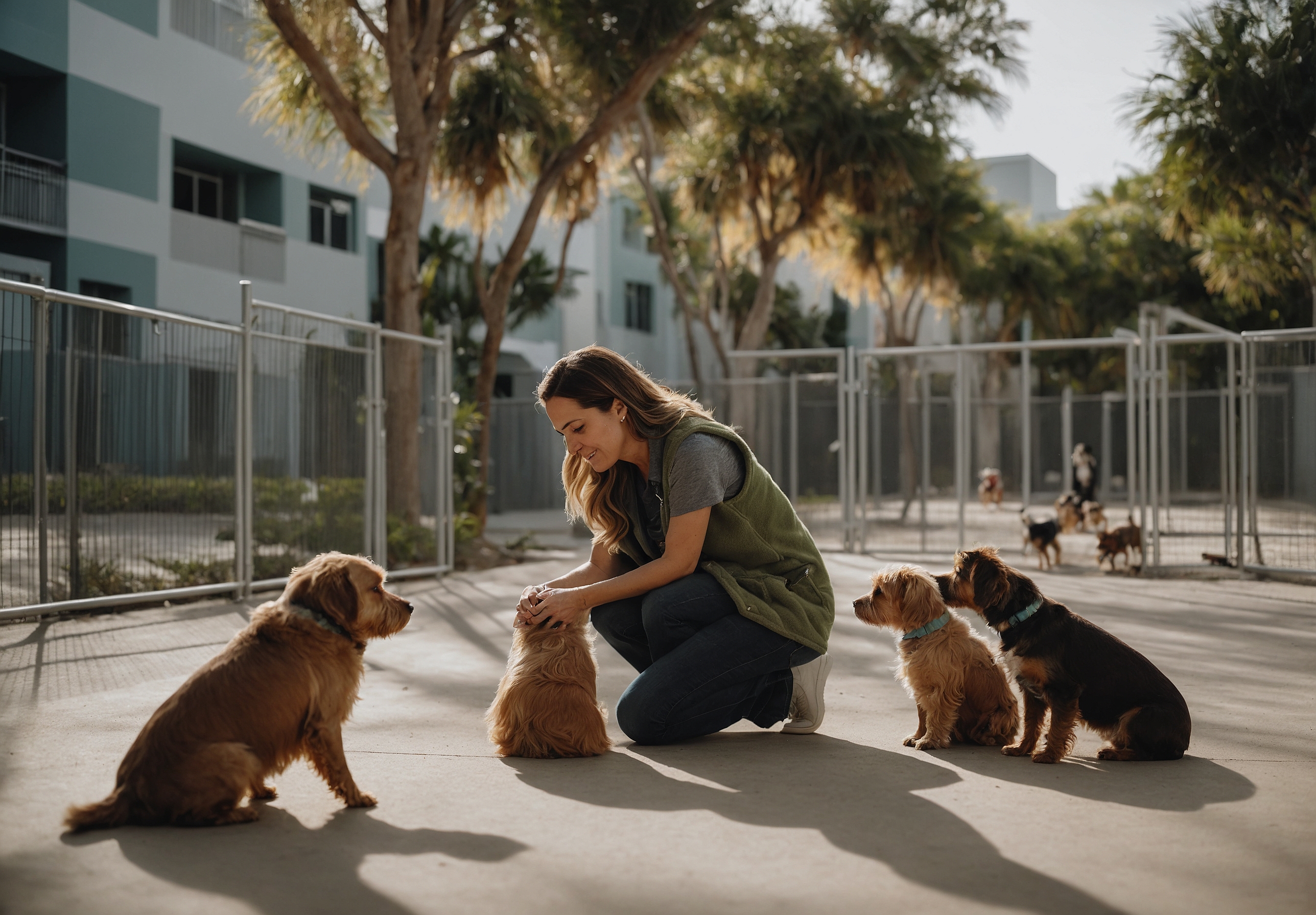 A daycare attendant kneeling among small dogs in a fenced play area