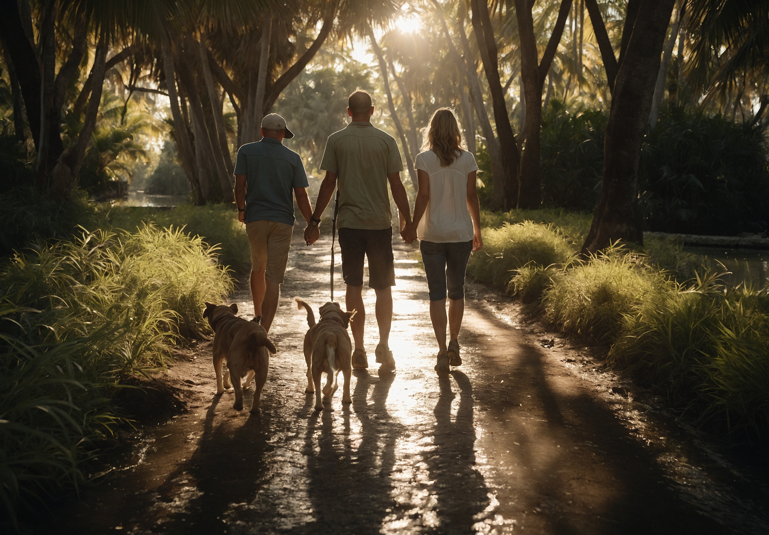 Two dogs walking in step along a shaded path