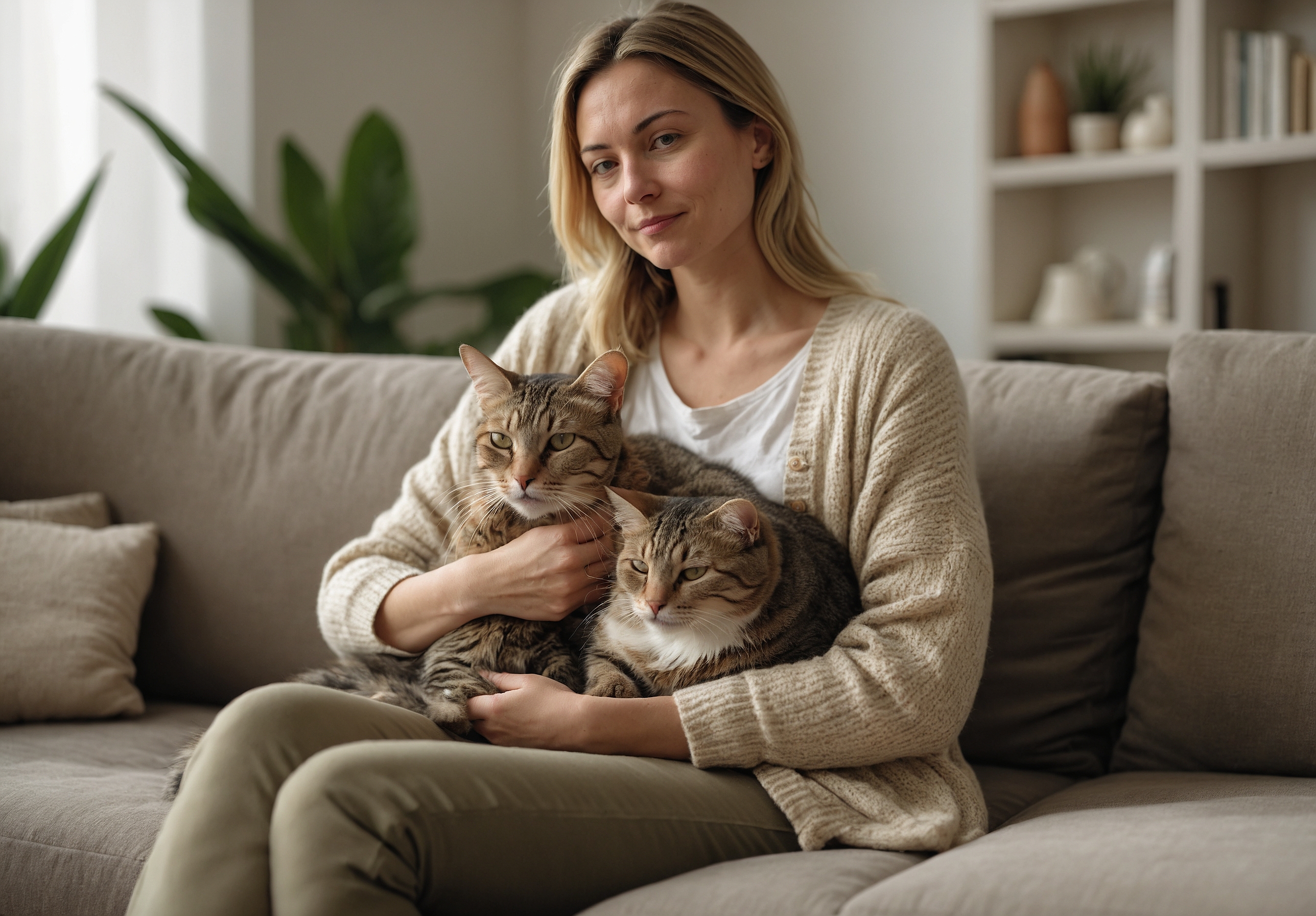 A woman on a sofa with a relaxed tabby cat resting on her lap in a bright living room