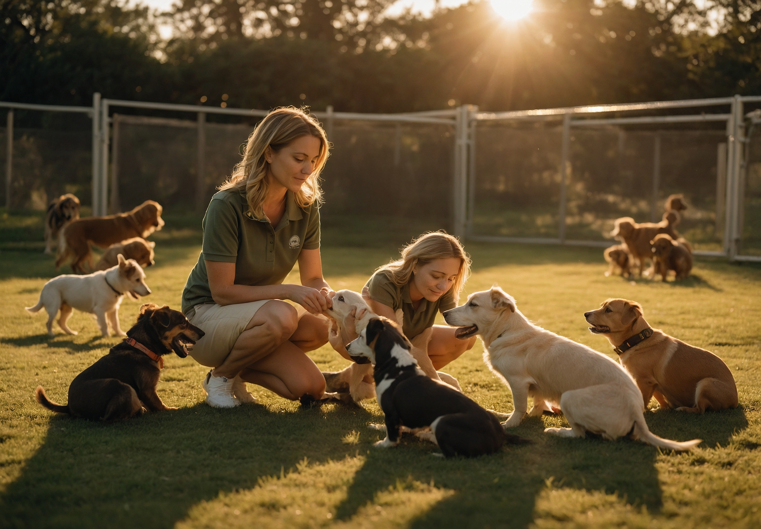 Two women in green polos kneeling with dogs in a fenced yard