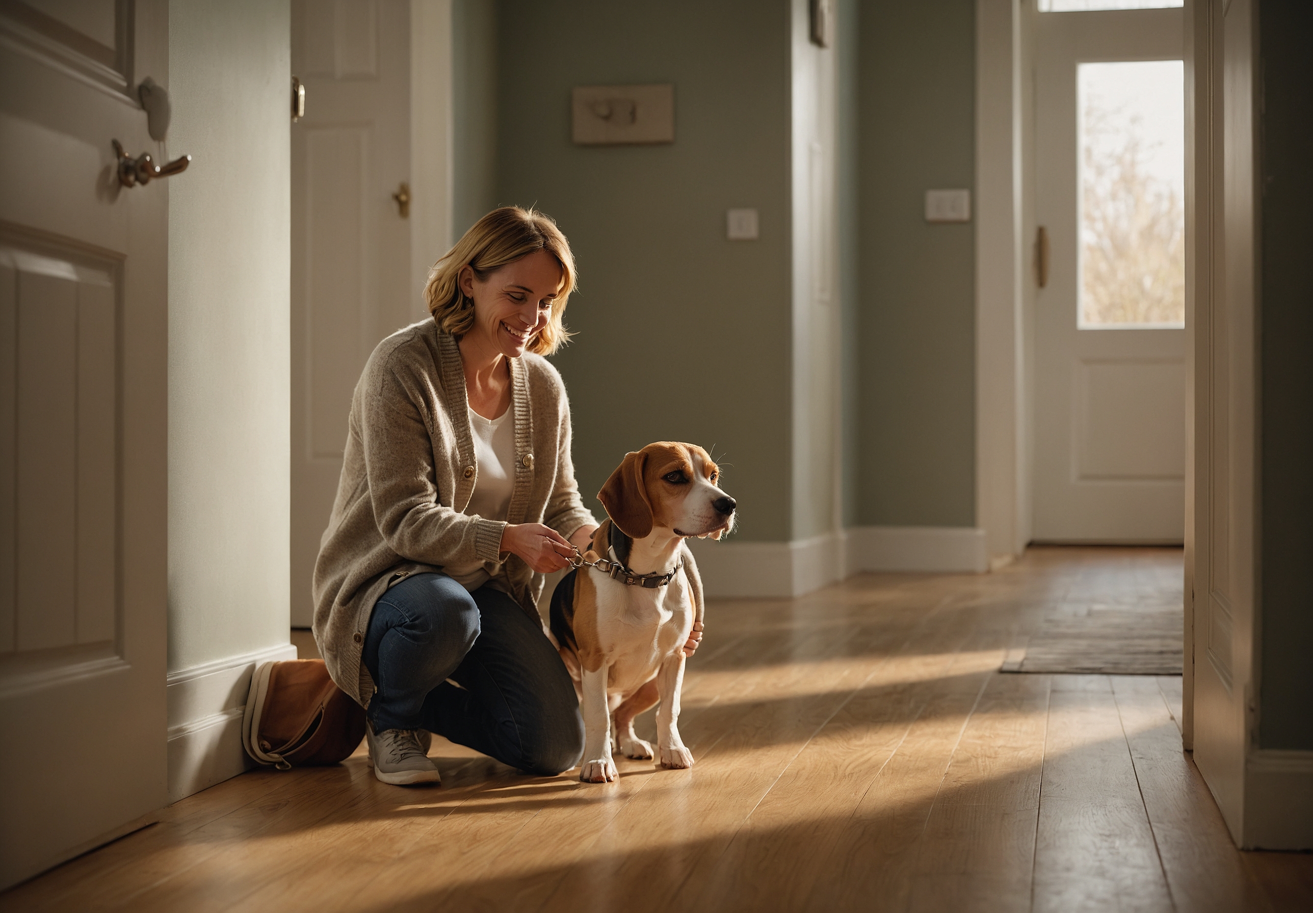 A smiling homeowner kneeling in a sunlit hallway with a beagle