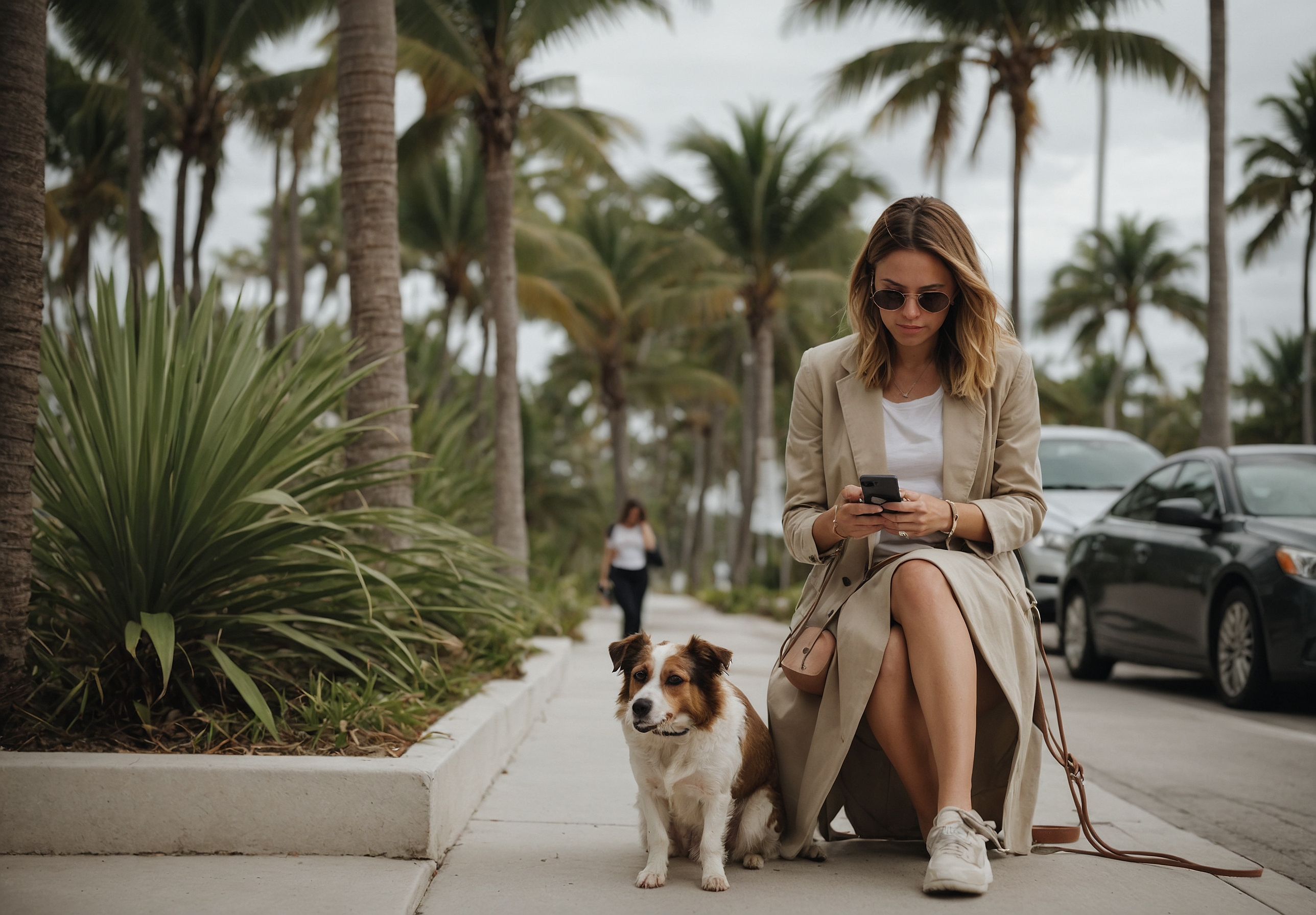 A young woman checking her phone on a Miami sidewalk while a dog waits on its leash beside her